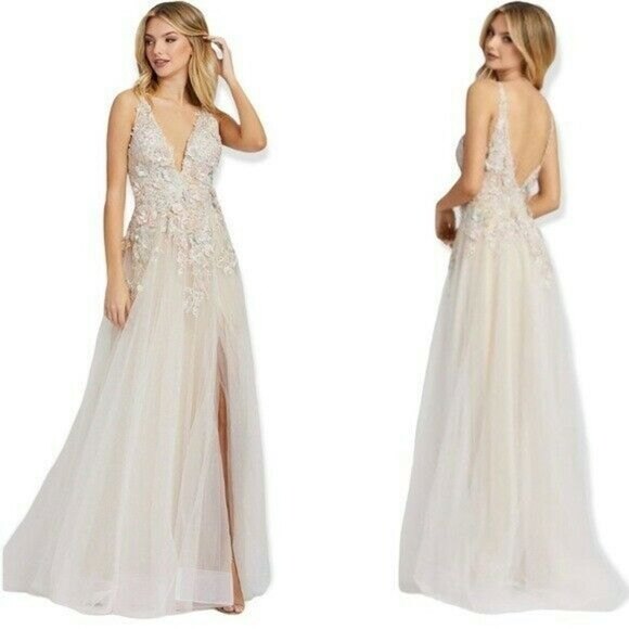 MAC DUGGAL Embellished Floral Sleeveless Deep V-Neck A-Line Gown Pastel Size 12 - Picture 1 of 14